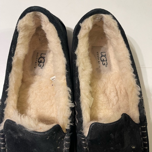 UGG Ansley 7 Black Suede Moccasin Slippers Shearling Fur Lined Lounge Shoe - Picture 5 of 10